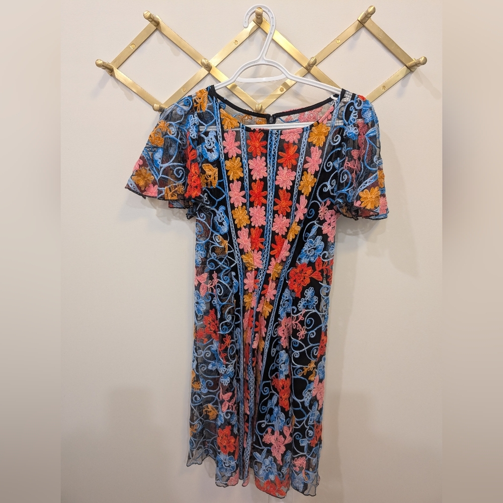 Eva Franco Blue and Red Flutter Sleeve Sheath Dress